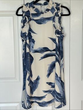 TCEC Cream Midi Dress with Blue Leaf Print